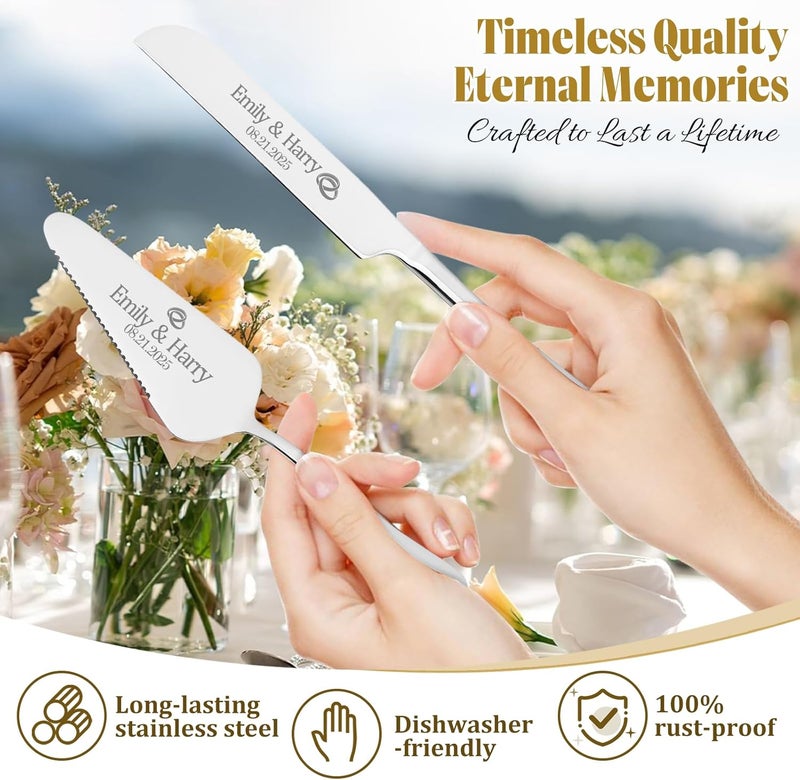 HJX Personalized 4 Piece Cake Cutting Set for Wedding - Custom Cake Knife and Server Set with Forks, Cake Cutter Set Ideal for Wedding Anniversary Bridal Gifts (Silver) - Image 3